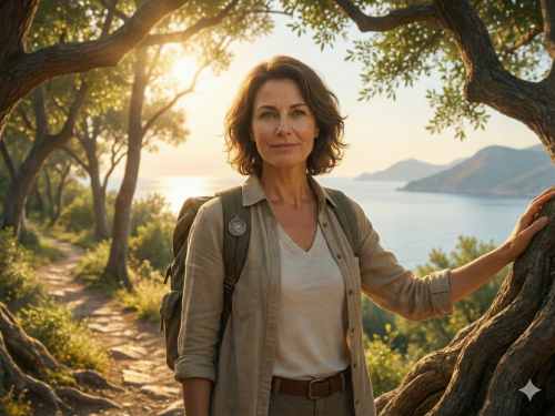 Eine zuversichtliche Frau mit Rucksack auf einem sonnigen Naturpfad, symbolisch für den Beginn eines ganzheitlichen Veränderungsprozesses mit Begleitung