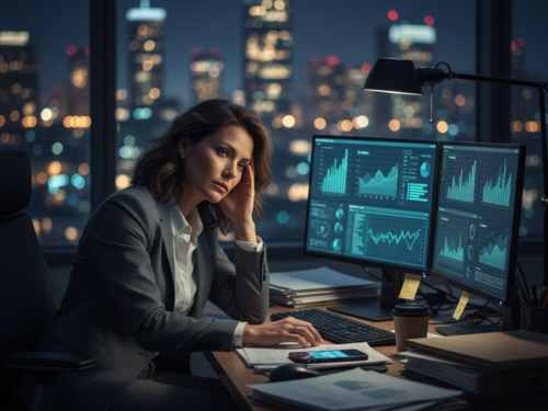 Erfolgreiche Frau nachts im Büro, gestresst und müde – Sinnbild für das Gefühl "Erfolg erfüllt nicht mehr" und die Suche nach Klarheit.