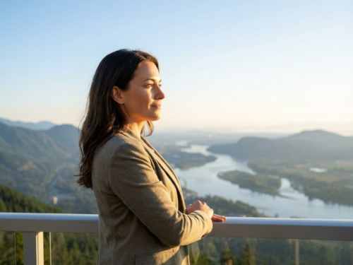 Eine selbstbewusste Frau blickt bei Sonnenaufgang von einem Balkon über eine weite Berglandschaft. Das Bild symbolisiert die gewonnene innere Klarheit, Entscheidungsstärke und die neuen Perspektiven als Ergebnis einer systemischen Aufstellung bei Ralf Musto.